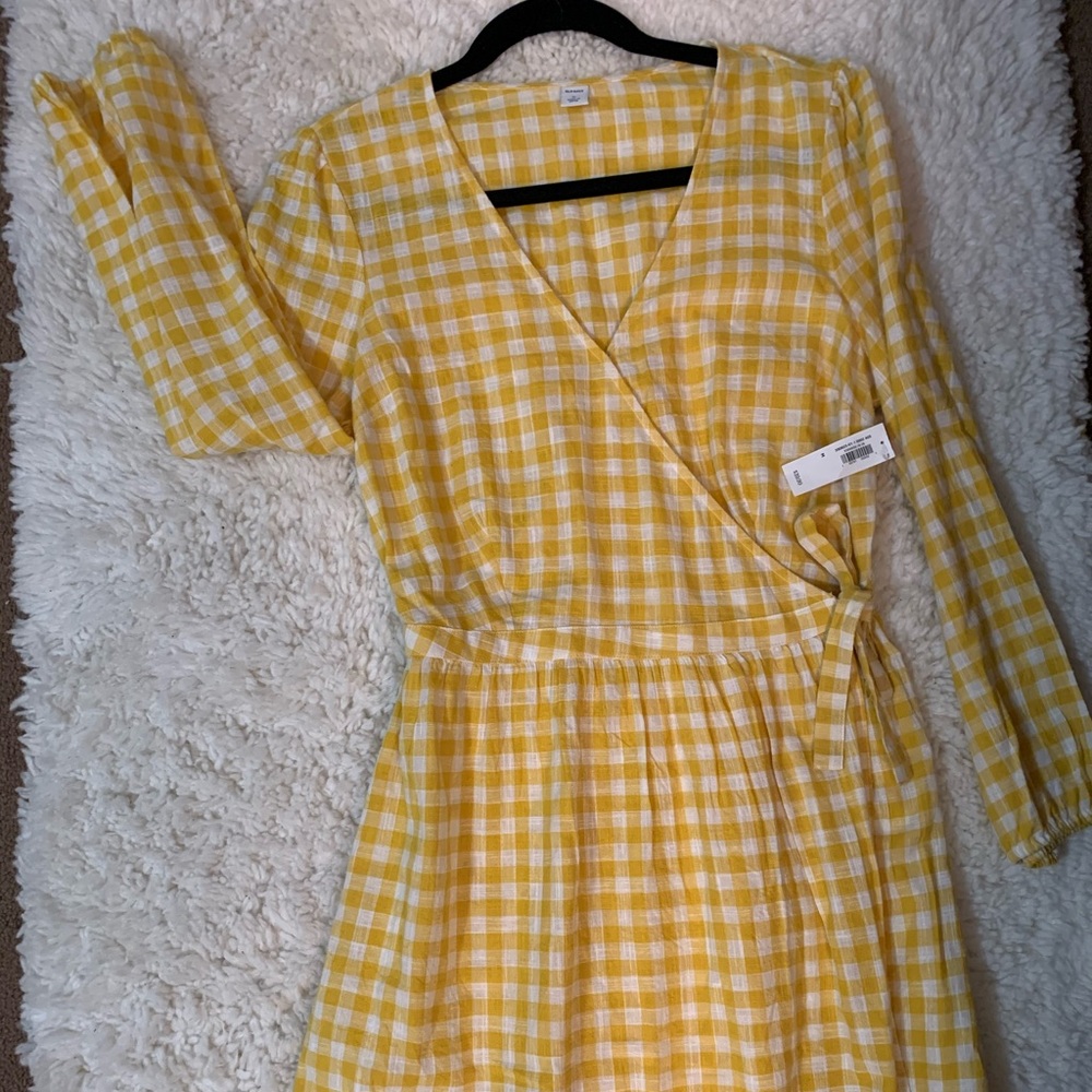 Yellow and white wrap dress